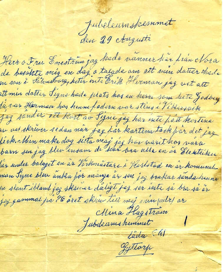 1951 Letter to Grandson Eric Enestrom from Mina Hagstrom